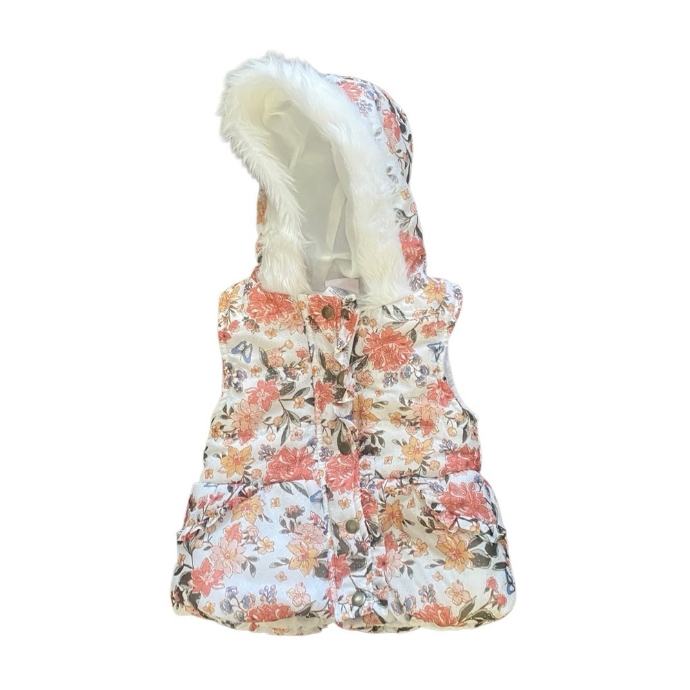 Little Lass Floral Puffer Vest in White, Coral & Yellow